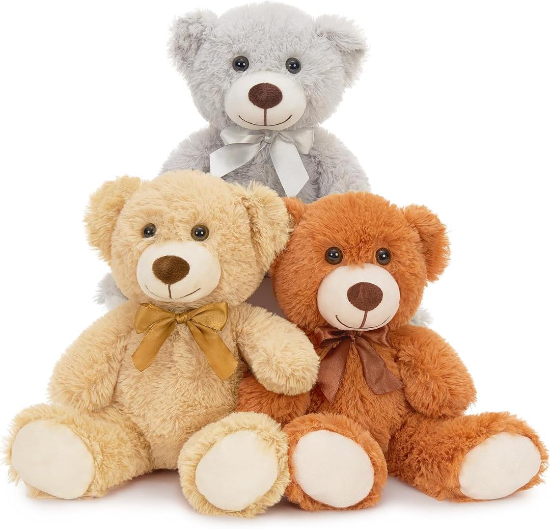 MaoGoLan 3 Pieces Bulk Teddy Bears Stuffed Animals Baby Shower, Soft Small Stuffed Teddy Bears in Bulk, 13.5" Cuddly Mini Teddy Bears Centerpiece,Wedding,Party,Engagement,Tan,Dark Brown,Gray
