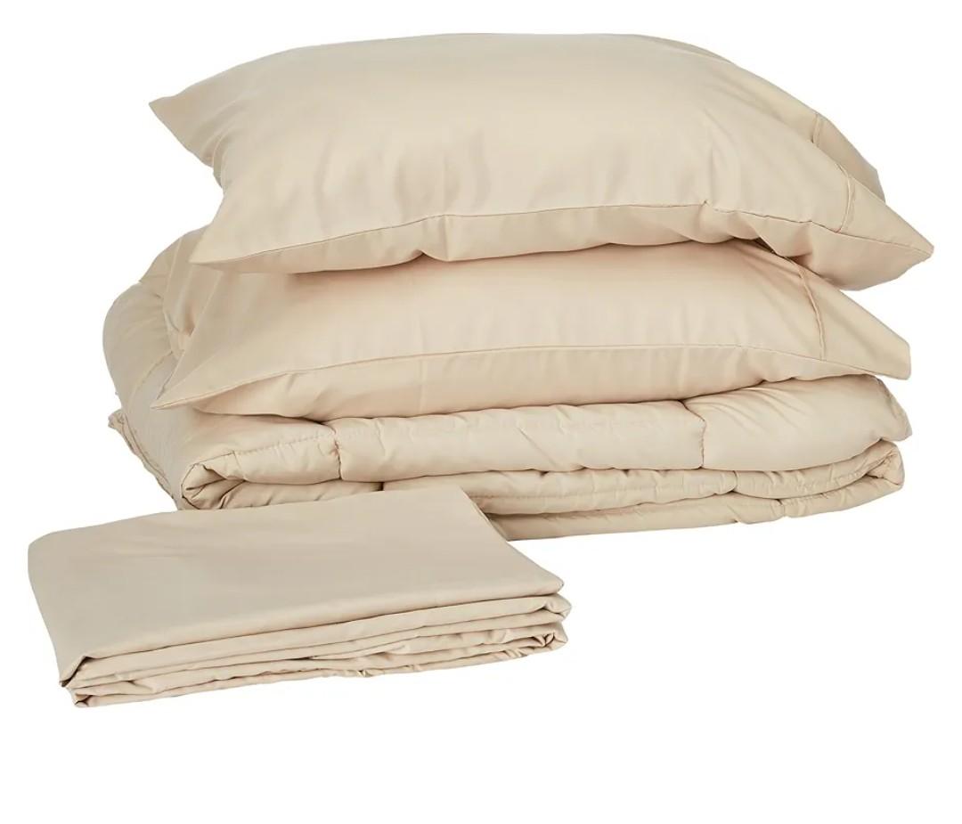 Sweet Home Collection 5 Piece Comforter Set Bag Solid Color All Season Soft Down Alternative Blanket & Luxurious Microfiber Bed Sheets, Beige, Twin XL