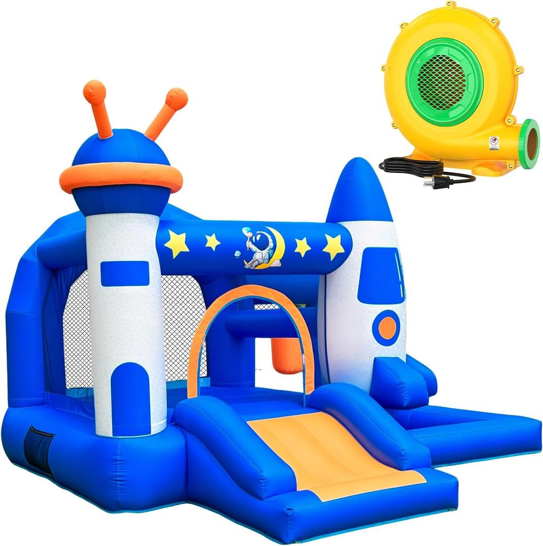 Kid Bounce House, Space Rocket Theme Inflatable Bounce House for 3-6 with 370W Blower, Basketball Hoop, Slide, Ball Pit (Balls Not Included), Storage Bag, Bouncy Castle for Indoor Outdoor Use, Medium-2026