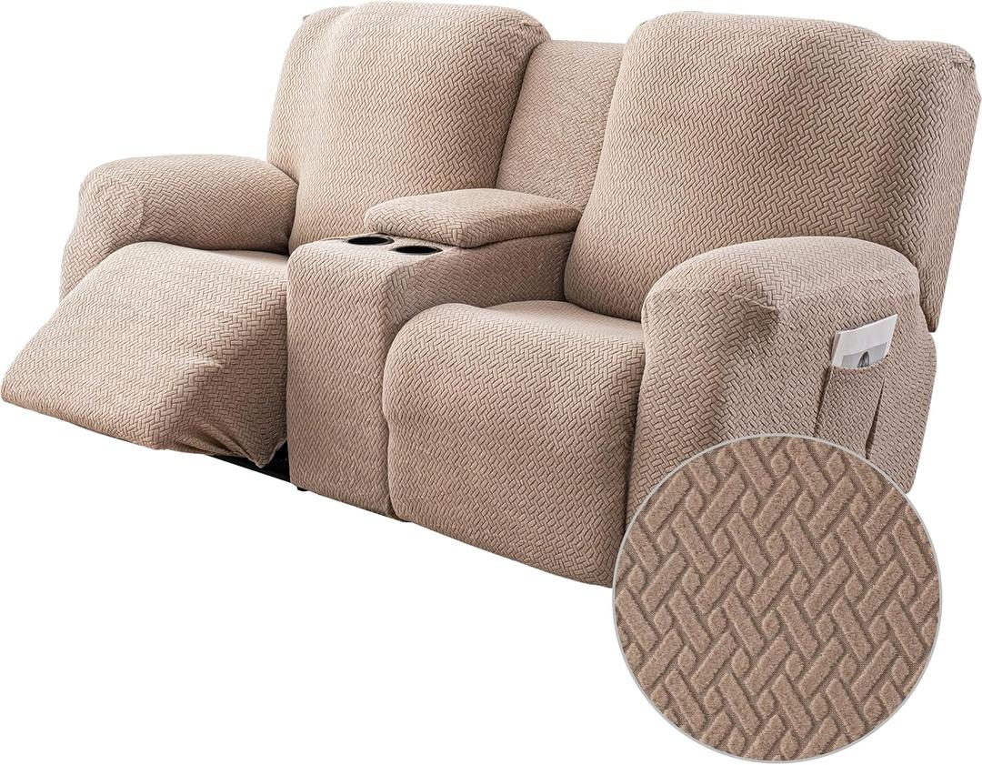 Genina Recliner Loveseat Covers with Console, Stretch Reclining Sofa Covers, 2 Seater Couch Cushion Stripe Jacquard Recliner Slipcovers - Furniture Protector Covers for Pet Kid (Taupe)