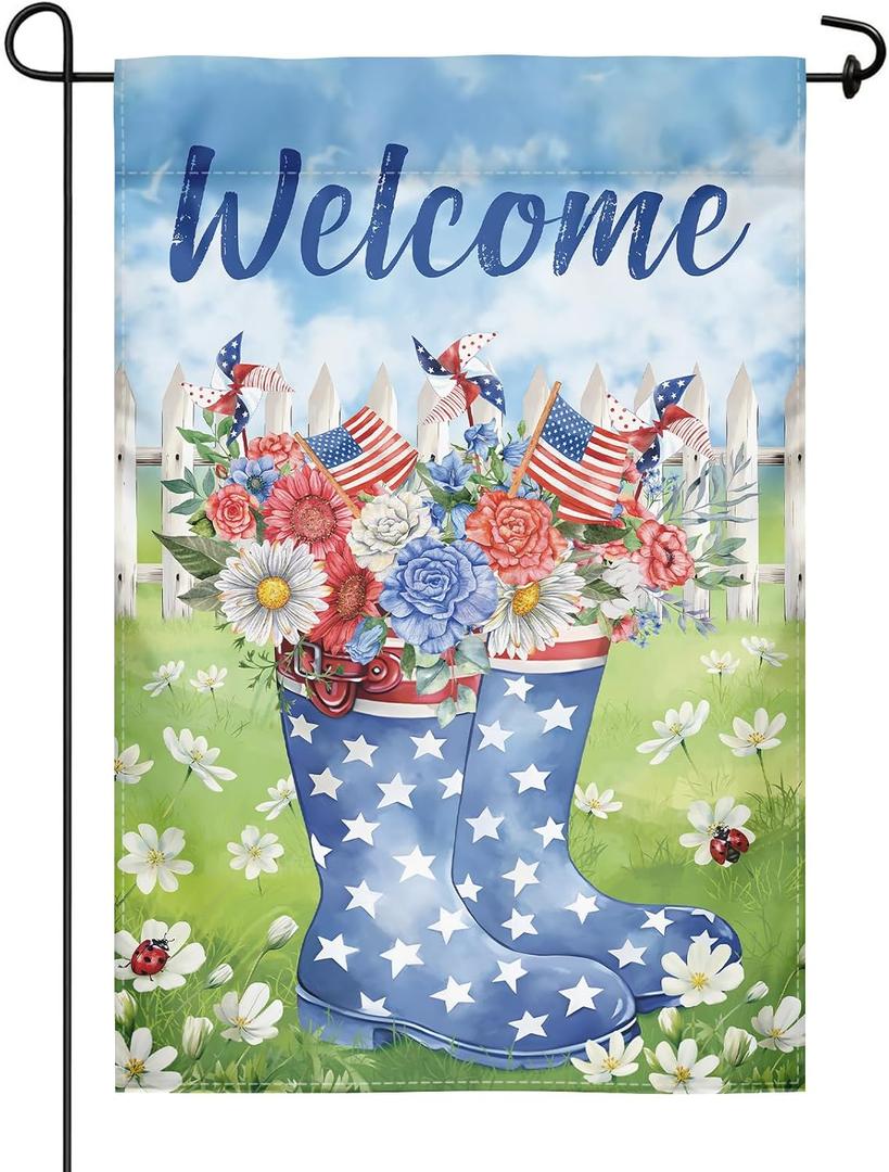 Welcome Garden Flag 12x18 Double sided Patriotic Garden Decoration | Vivid double-sided patriotic garden flag with star rain boots & daisies. Waterproof polyester, 12x18in, fits all poles.