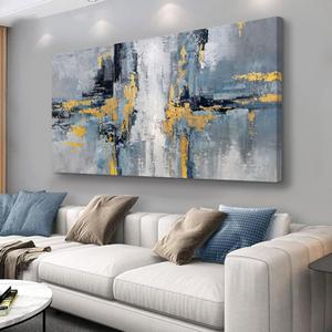 Abstract Wall Art Modern Wall Decor Wall Decorations Blue-Grey and Gold Framed Abstract Wall Art for Bedroom Living Room Decoration Home Kitchen Office 24" X 48"