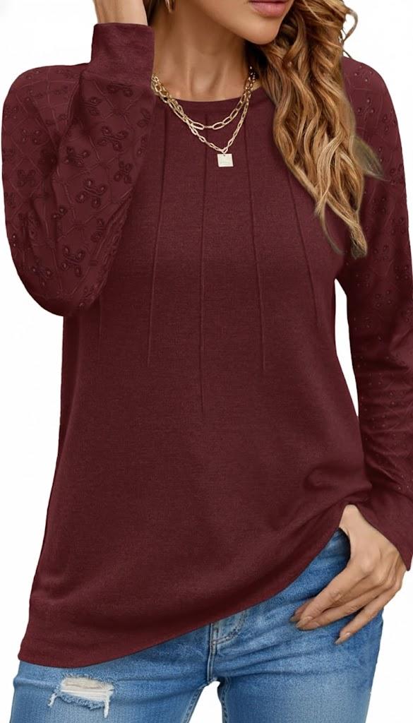 Women Long Sleeve Shirts Casual Tops Dressy Blouses Fashion Pleated Tunic (Small) Red