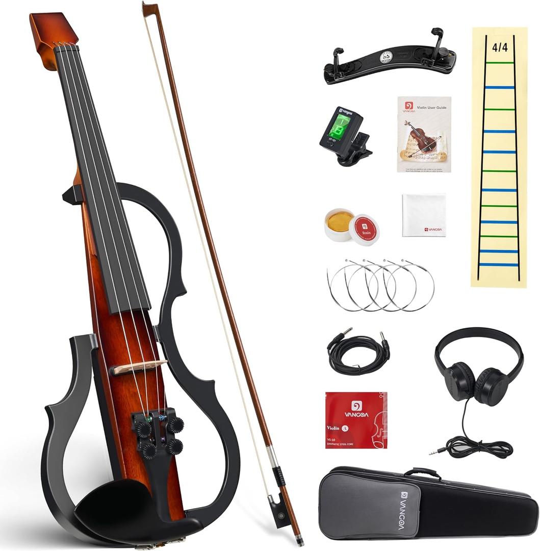 Vangoa Electric Violin 4/4 Full Size, Solid Wood Ebony Silent Violin with Professional Pickup & 3-Band EQ, Headless Lightweight Design, Beginner to Professional Electric Violin Kit, Brown, 
Instrument Size	Full
