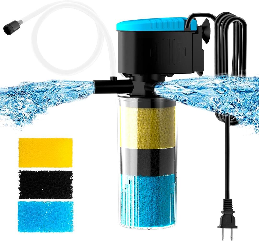 AquaMiracle Submersible Aquarium Filter 3-Stage in-Tank Filter with Dual Water Outlet & Aeration, 130GPH Internal Fish Tank Filter for 10-30 Gallon Aquariums