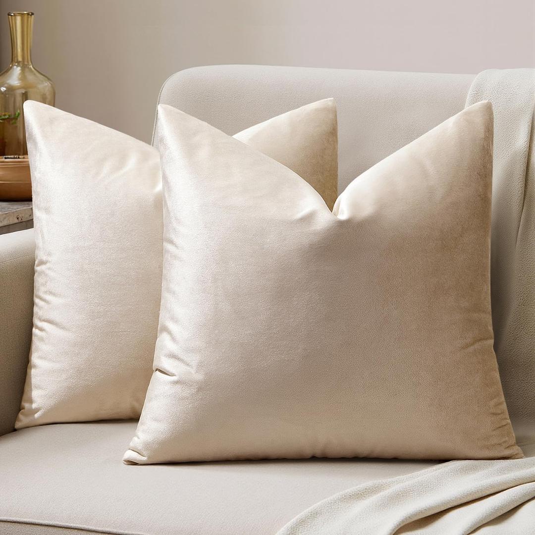 MIULEE Velvet Throw Pillow Covers 18x18 Inch, Pack of 2 - Champagne, Super Soft Decorative Square Cushion Cases Modern Luxury Home Decor for Sofa, Couch, Bed, Chair with Invisible Zipper