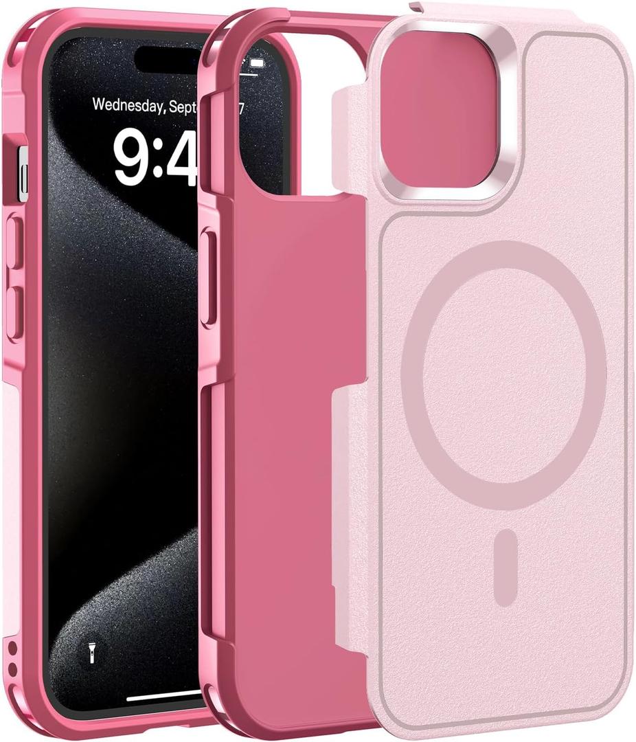 Magnetic Case for iPhone 15,14 & 13 6.1'',[Compatible with Magsafe][Heavy Duty Shockproof] [Military Grade Drop Protection][Non-Slip] Rugged Durable 4-Layer Hard Bumper Phone Cover-Pink