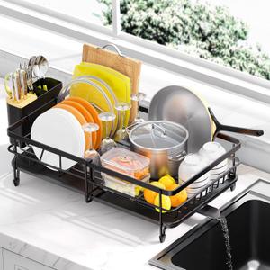 Expandable Dish Drying Rack for Kitchen Counter, Large Extendable Dish Rack with Bamboo Cover Cutlery Holder, Multifunctional Adjustable Dish Dryer Drainer