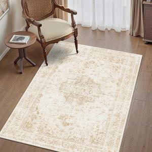 3x5 Vintage Washable Area Rugs Boho Medallion Large Distressed Retro Accent Carpet Floral Non-Slip Soft Low Pile Indoor Throw Rug for Living Room Bedroom Dining Room Office Kitchen, Beige