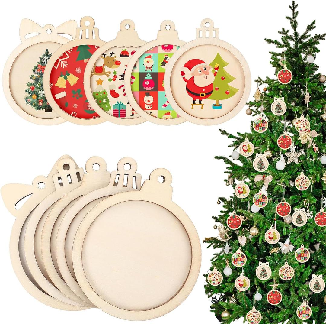 Gerrii 30 Pcs Christmas Wooden Ornaments to Paint 4 Inch DIY Unfinished Blank Round Wood Cutouts Wooden Discs Slices Hanging Ornaments for Christmas Holiday Xmas Tree Decoration DIY Crafts in 5 Shapes