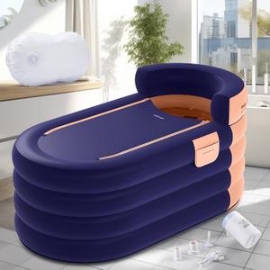 Inflatable Bathtub Adult 63'' Portable Blow Up Bath Tubs with Cordless Air Pump, Ideal for Hot Ice Bath, Quick Drain Design with 9'10'' Long Hose, Phone Pocket, Water Cushion (Orange)