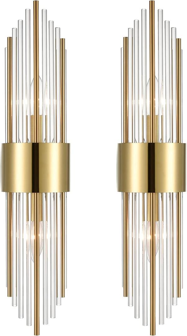 2-Light Modern Brushed Titanium Gold Wall Sconce with Clear Glass Crystal Luxury Wall Light Fixtures for Bedroom Living Room Bathroom Vanity Mirror Light Fixtures Set of 2