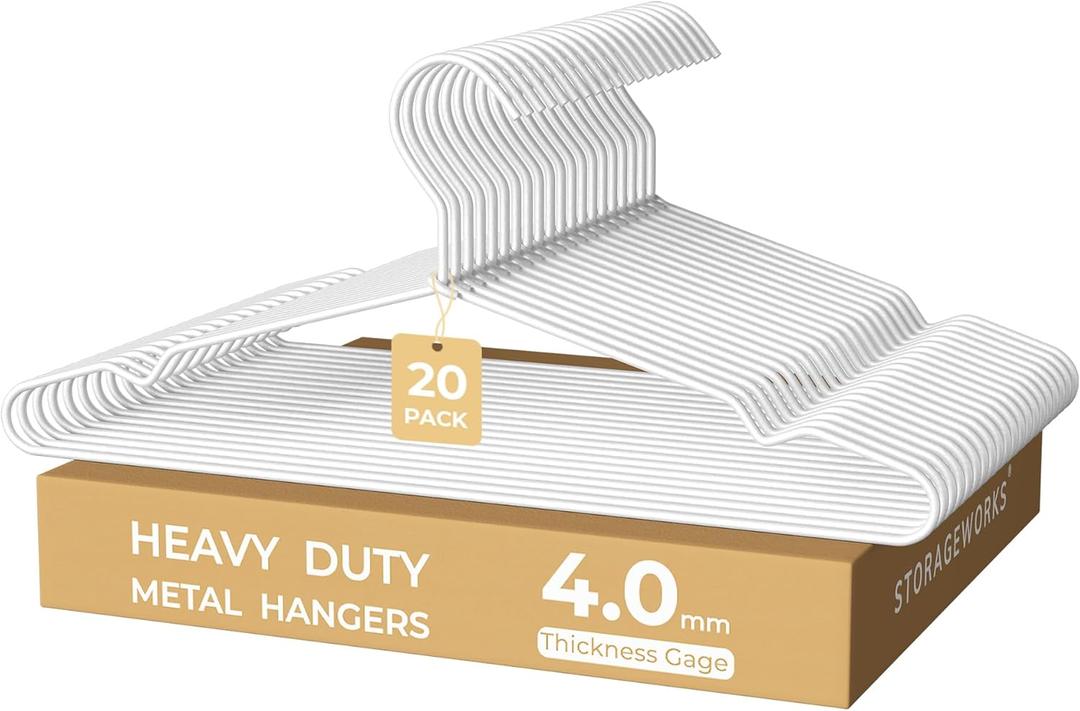 StorageWorks Wire Hangers for Closet, 4mm Super Thick Metal Hanger, Heavy Duty Clothes Hanger for Coats, Shirts, Jackets, Pants, Suits, White, 20 Pack