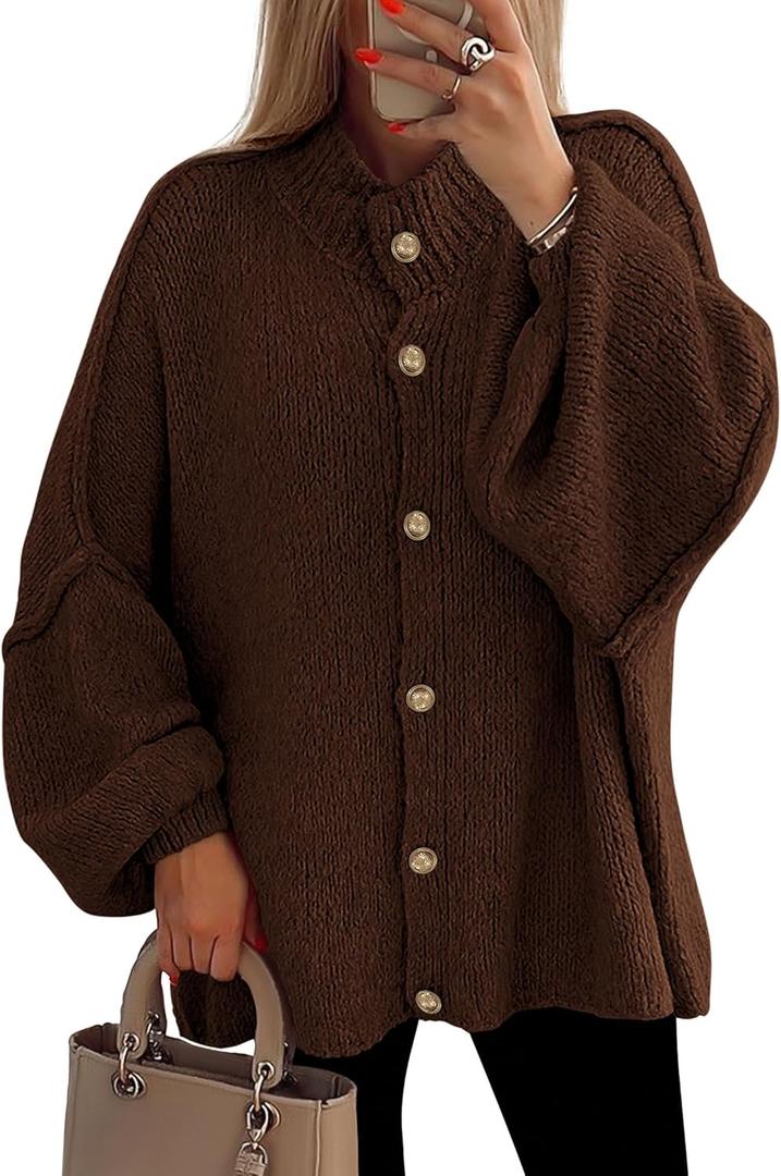 PRETTYGARDEN Women's Winter Button Down Cardigan Sweaters Mock Neck Lantern Long Sleeve Chunky Knit Jacket Trendy Outerwear (X-Large, Brown)