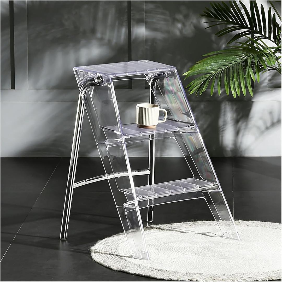 Acrylic Folding Step Stool for Adults,Portable 3 Step Ladder with Anti-Slip Steps, No Assembly 350lbs Capacity Foot Stool, Modern Decorative Display Rack, Plant Stand, Photography Props