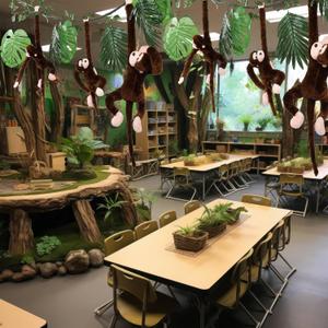 Suncalla 14 Pcs Rainforest Falls Jungle Party Decoration VBS 2026 Favor 6 Hanging Monkey Stuffed Animal 10 ft Rattan 6 Tropical Palm Leaves 1 Vine Rainforest Falls Decor for Classroom Birthday