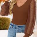 ZESICA Women's Sexy Mesh Puff Long Sleeve Going Out Tops V Neck Ribbed Knit Shirts Dressy Work Blouses 2026 Fall Outfits (Brown, L)
