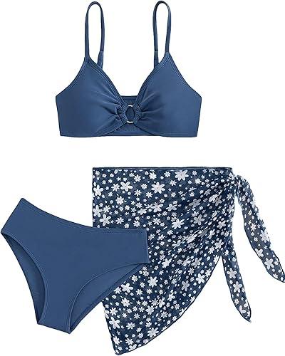 COZYEASE Girls' 3 Piece Bikini Set Ditsy Floral Print Wireless Swimsuit with Beach Skirt (Navy BLue, Teen 10-11Y)