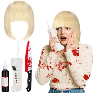 4Pack Halloween Horror Movie Costume Accessories Short Wig Prop Brick Phone Plastic Knife Fake Blood for Women Fancy Dress Up Supplies