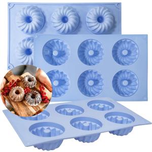 LGQUK Jello Mold, 3pcs Silicone Fluted Tube Cake Pans, 6-Cavity Non Stick Silicone Baking Molds for Cupcake, Donuts,Muffin, Cornbread, Brownie, Jellies (Blue, Fluted Tube)