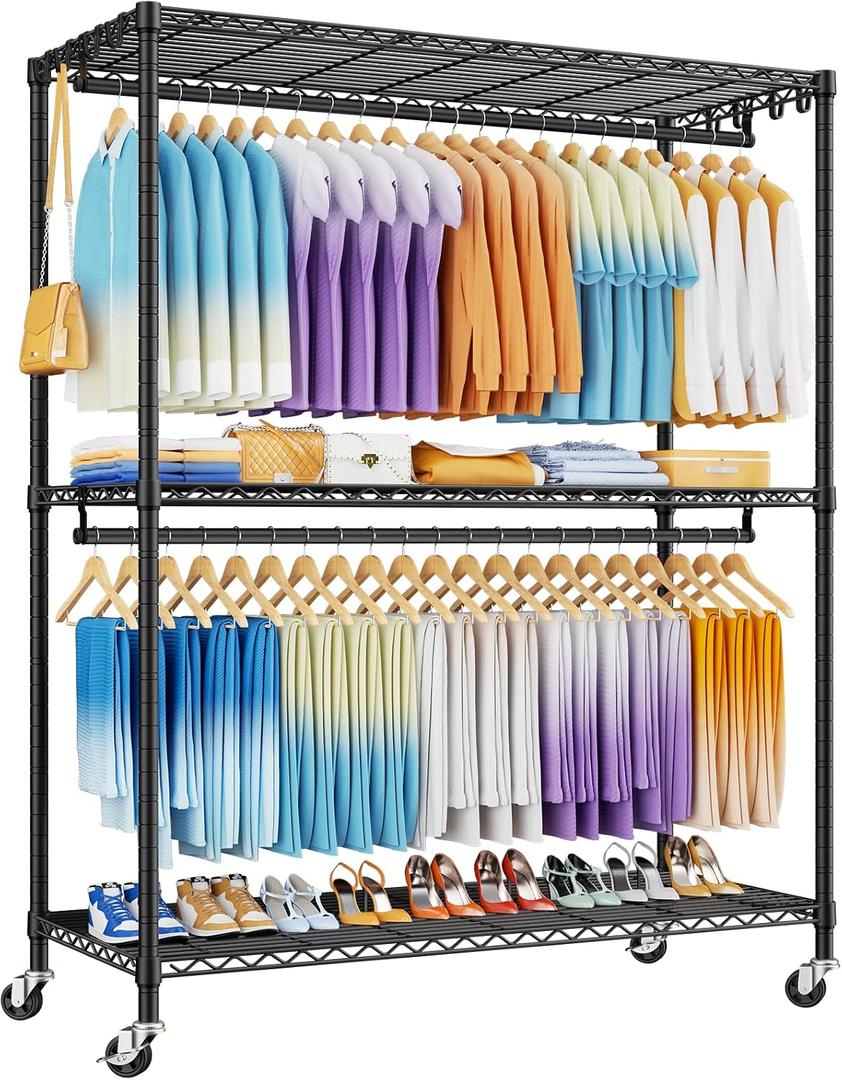ULIFHOME P8 Max Heavy Duty Clothes RackWith Extended Width Design Rolling Clothing Racks for Hanging ClothesPortable Garment Rack with Lockable Wheels51.2" W x 15.8" D x 80.5" HLoad 700LBSBlack