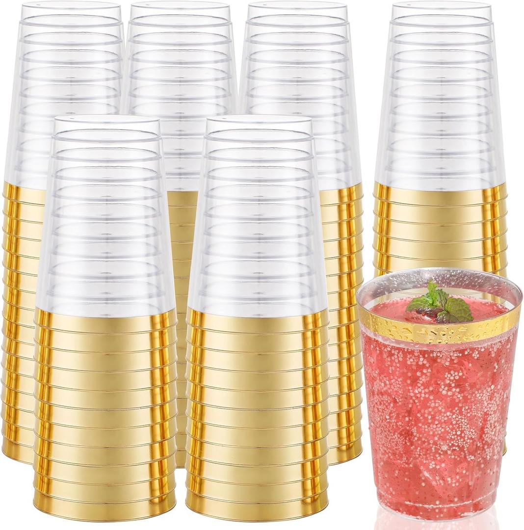 I00000 50 Pack 12 oz Gold Plastic Cups, Gold Rimmed Disposable Cups, Disposable Plastic Glasses Cocktail Glasses Heavy Duty Cup with Golden Rim, 12 Ounce Tumblers for Party & Wedding