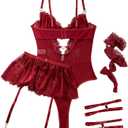 Lilosy Sexy Stocking Rhinestones Heart Garter Underwire Floral Mesh lace Sheer Babydoll Lingerie Teddy Bodysuit Skirt Set