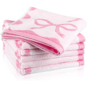 Coume 6 Pcs Pink Bow Washcloths 100% Cotton Wash Cloths 13" x 13" Coquette Small Face Towels Absorbent Soft Preppy Wash Cloths & Hand Bath Towels for Bathroom, Spa, Kitchen Drying Cleaning