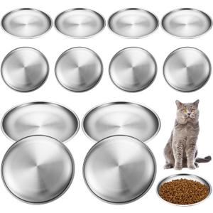 Domensi 12 Pieces Stainless Steel Whisker Friendly Cat Bowl Shallow Cat Food Dish 6.7 Inch Wet Feeding Bowls Flat Pet Dish Small Pet Plate for Kittens Ferrets Stray