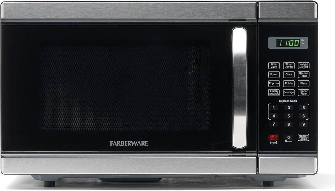 Farberware 1.1 Cu. Ft. Countertop Microwave Oven  1000 Watt Power, Auto Cook Settings, Defrost, Easy Clean and Child Safety Lock - Stainless