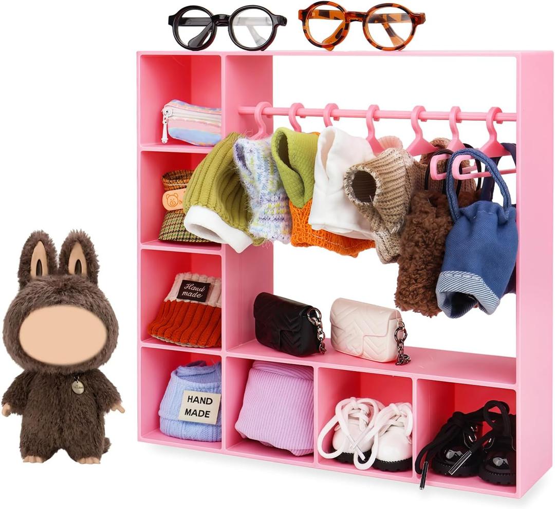 Doll Clothes Closet/Wardrobe Large Plus 10 Hangers, Doll Accessories Display Box, Clothes Storage for Figures, Portable Storage for Fashion Doll Clothes, Gift (Pink)