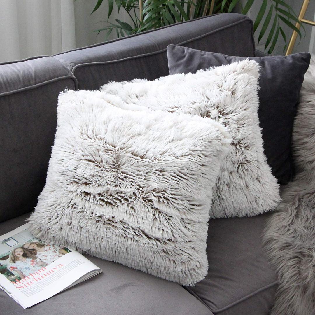 Uhomy 2 Packs Fluffy Accent Pillows Cover 18"x18", Soft Brown Ombre Artificial Fur Throw Pillow Case, Modern Luxury Decorative Square Cushion Cover for farmhouse home decor for Sofa/Bed/Chair, 45x45cm (18" x 18" (Pack of 2))