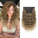 Flufymooz 4PC Clip in Hair Extensions, 14 Inch 100 Pure Protein Silk Short Hairpiece Deep Curly Wavy Hair Extensions Clip in Natural Soft Hairpiece for Women-Dark Blonde to Light Brown