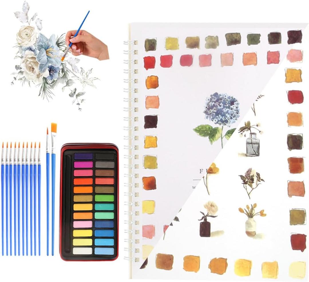 Flowers Watercolor Workbook Kit, Orchid Watercolor Workbook for Beginners 12 Flowers Beginner Friendly Sketched Illustrations,Lay Flat Spiral Pages for Beginners