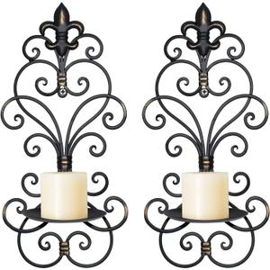 Wall Sconces Candle Holder Set of 2, Metal Wall Decorations Hanging Wall Mounted Candle Sconces for Living Room Dining Room, Black with Gold (Black with Gold) (Antique Black-1)