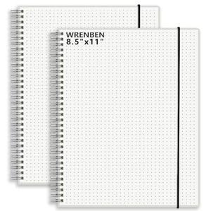 WRENBEN 8.5" x 11" Dotted Spiral Notebook with 120 GSM Thick Paper, Removable Elastic Band and Transparent Hard Cover, 160 Pages per Notepad (2 Pack, A4)