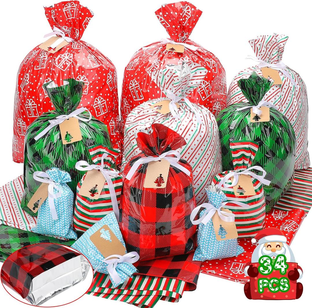 34 Pack Drawstring Christmas Gift Bags Assorted Sizes, Reusable Holiday Wrapping Bags for Presents, Plastic Xmas Gift Bag with Drawstring - Extra-Large, Large, Medium, Small Christmas Bags for Gifts