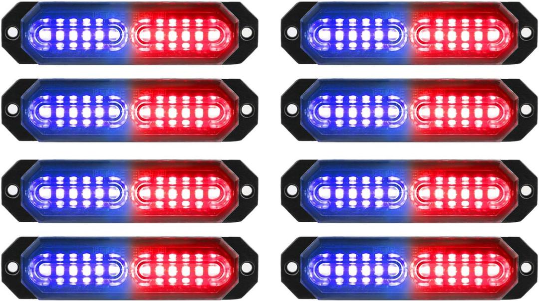 ASPL 8pcs Sync Feature Ultra Slim 12-LED Surface Mount Flashing Strobe Lights for Truck Car Vehicle LED Mini Grille Light Head Emergency Beacon Hazard Warning Lights (Red/Blue)