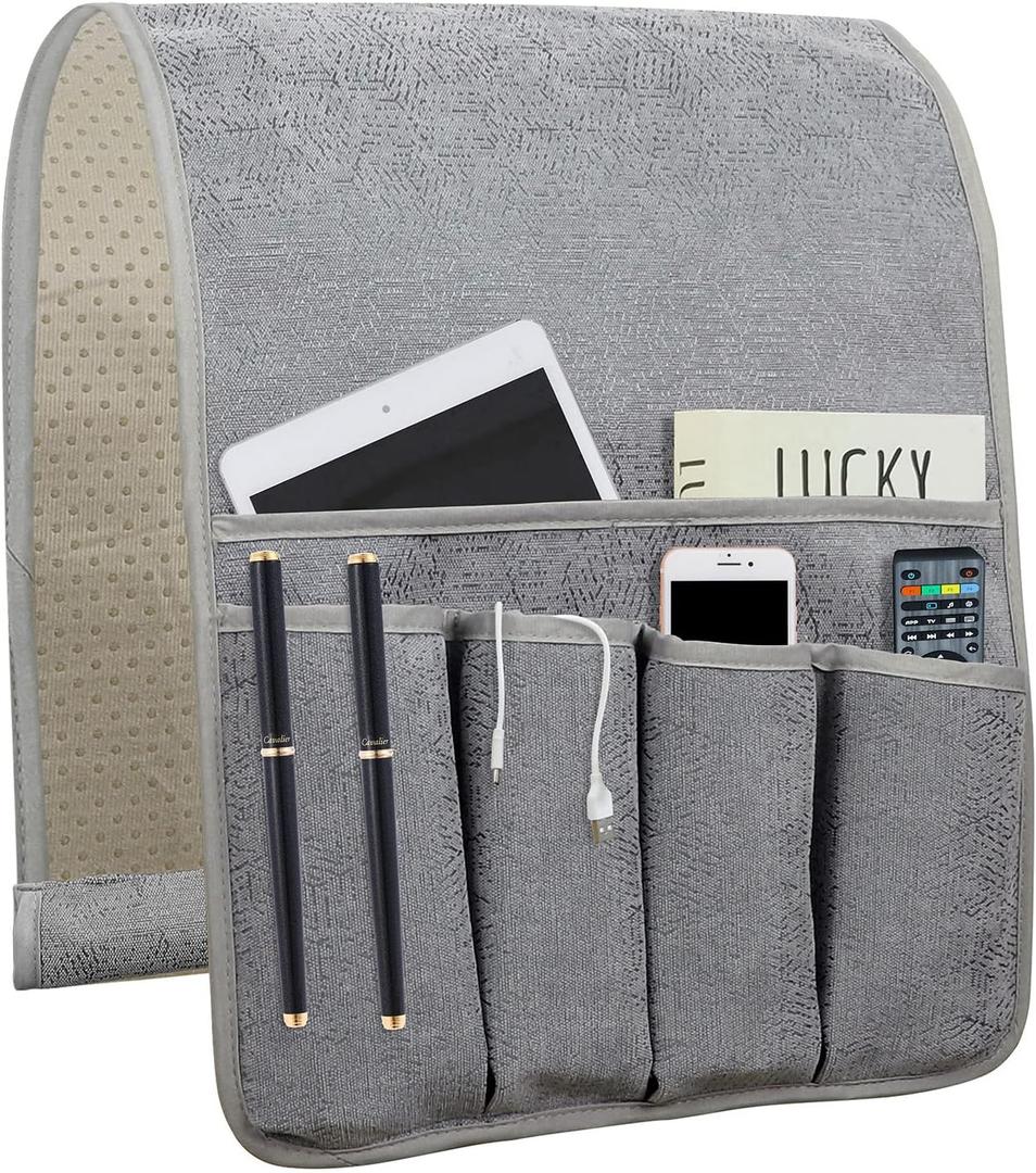 NB Sofa Armrest Organize remote holder bedside caddy organizer with 5 pocketsnon-slip couch remote control holder couch armchair caddy accessories (Gray, 35"x12.4")