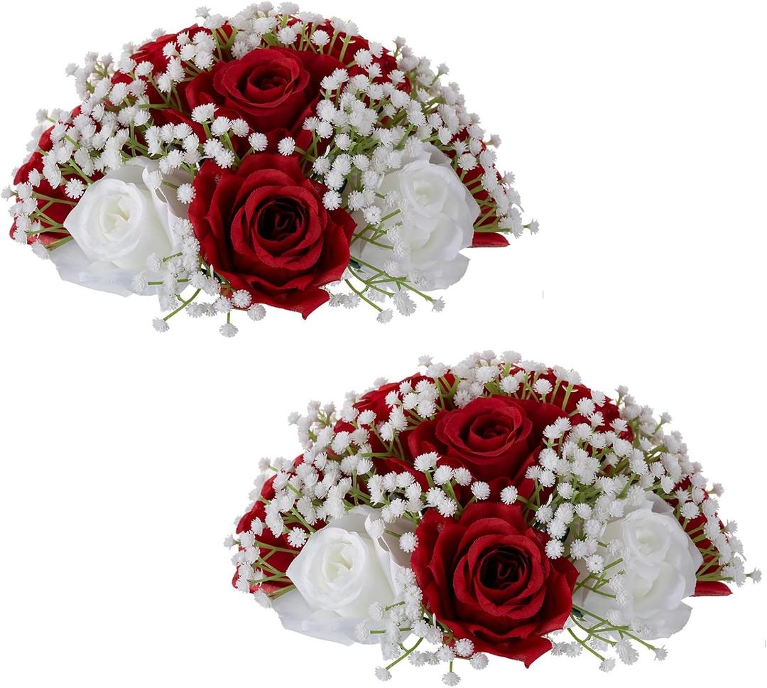 NUPTIO Flower Ball Arrangement Bouquet: 2 Pcs 9.4 inch Diameter Crimson Rose Fake Babys Breath Artificial Flowers for Wedding Centerpiece Event Party Tables Decorations