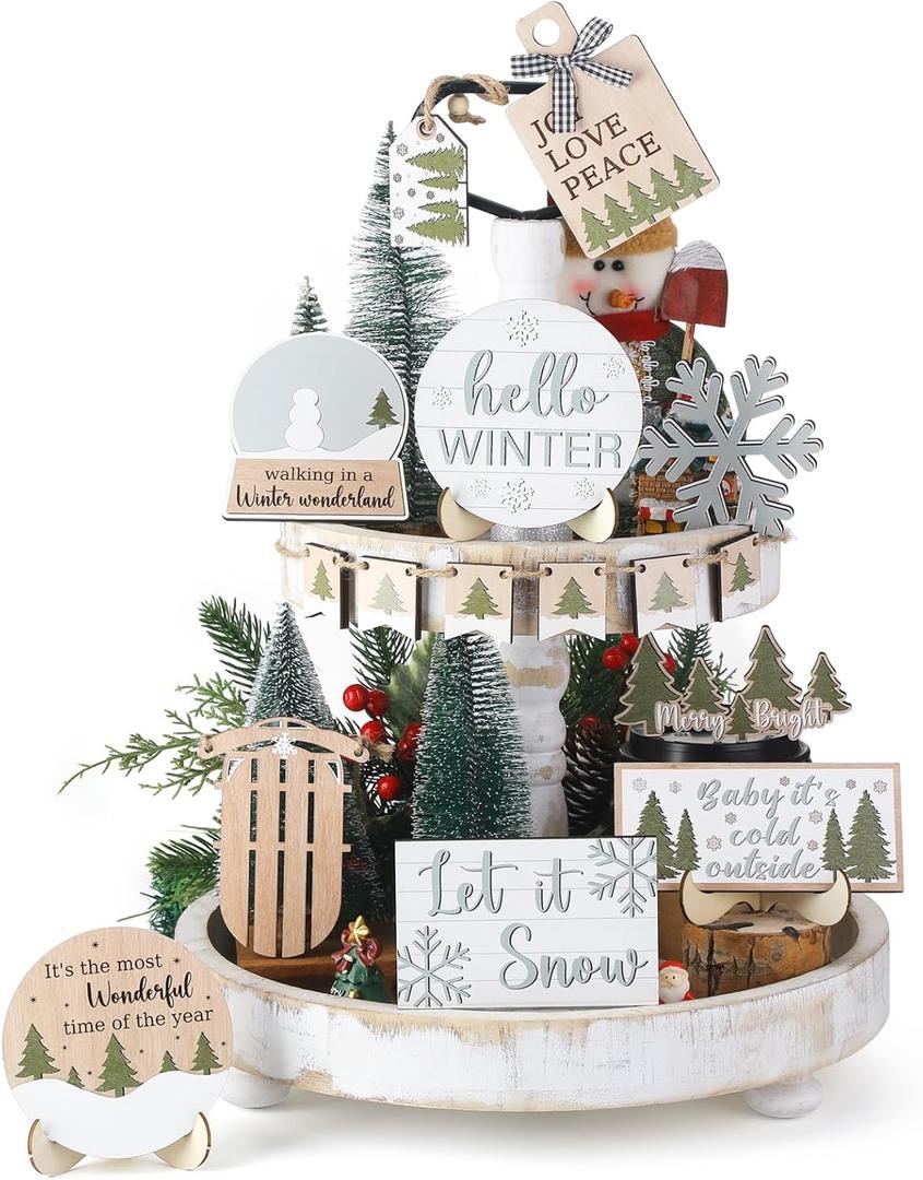 Thyle 16 Pcs Winter Tiered Tray Decor Set Hello Winter Snowman Snowflakes Wooden Sign Christmas Tiered Tray Decor Let It Snow Table Centerpieces Rustic Farmhouse Decoration for Table Home Kitchen Gift