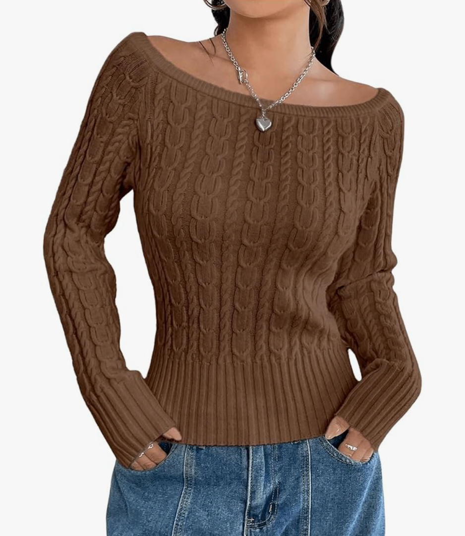 MakeMeChic Women's Off The Shoulder Sweater Cable Knit Long Sleeve Ribbed Fall Going Out Tops Sweater Pullover S
