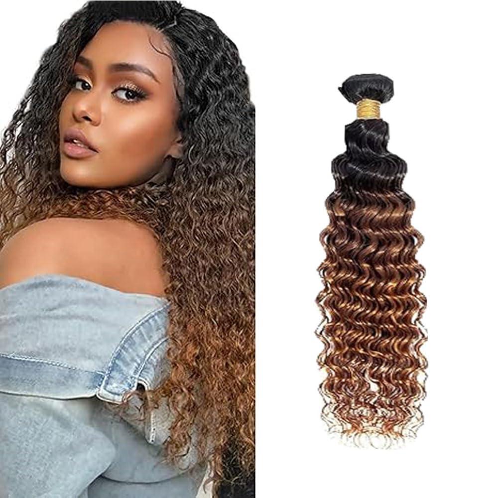 T1B430 Deep Wave Human Hair Bundles Ombre Brown 10 Inch 3 Tone Brown 1 Bundles Human Hair Extensions 100 Gram Per Bundle Unprocessed Virgin Double Weft