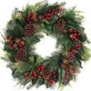 Christmas Wreath, 24 Inch Christmas Wreaths for Front Door, Artificial Green Magnolia Leaves, Red Berries, Pinecones, Winter Indoor and Outdoor Farmhouse Wreath Window, Home Decorations