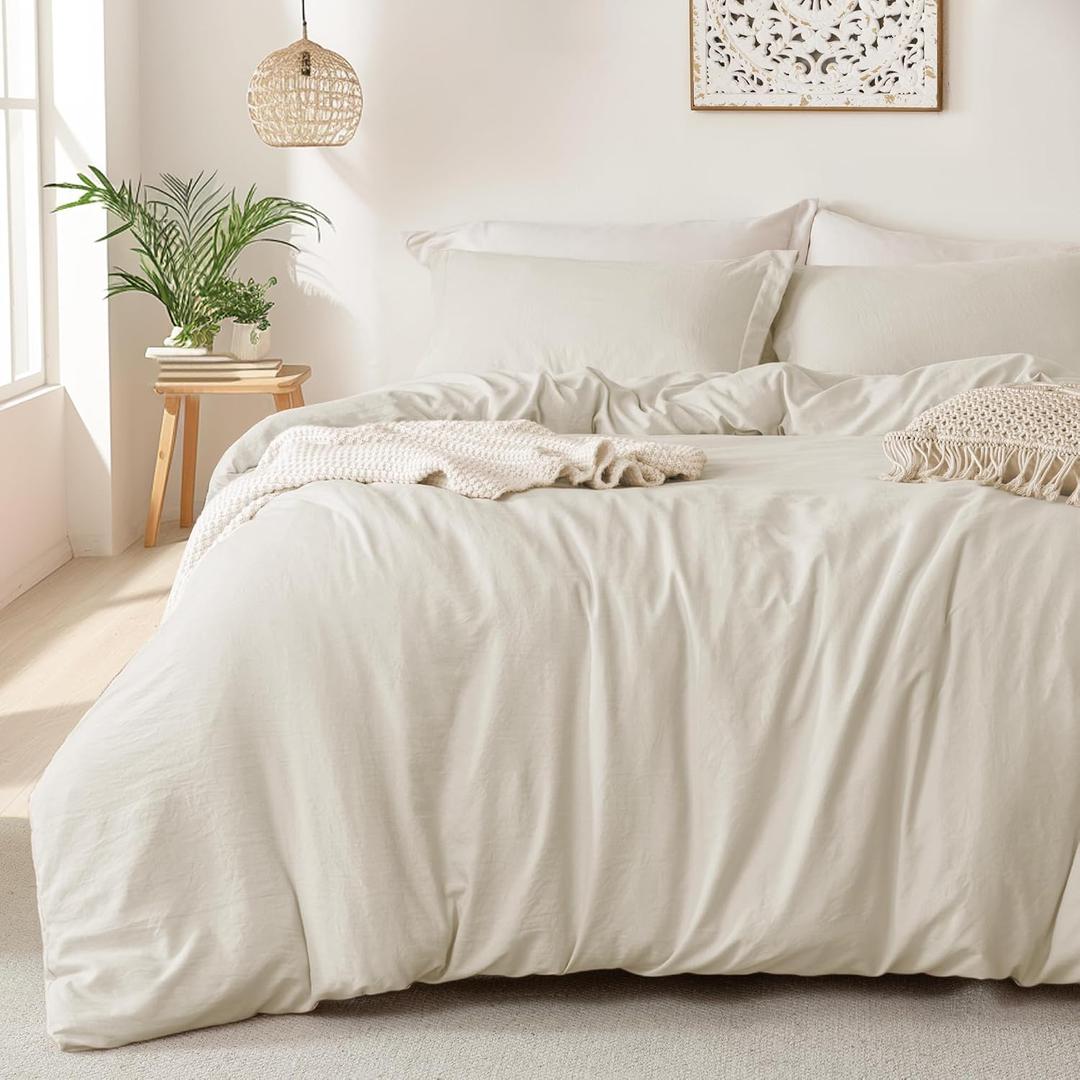 MILDLY Super Soft Duvet Cover - 100% Washed Microfiber Beige Comforter Cover Set 3 Pieces with Zipper Closure & Corner Ties (No Comforter)