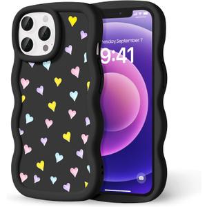 Compatible with iPhone 12 Pro Max Case for Women Girls, Curly Wavy Frame with Cute Pattern, Aesthetic Slim Soft Silicone TPU Bumper Shockproof Phone Case for iPhone 12 Pro Max - Color Heart