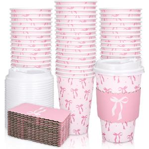 Whaline 50 Set Pink Bow Disposable Coffee Cups with Lids and Sleeves Coquette Bowknot Paper Drinking Cups for Valentine's Day Mother's Day Wedding Birthday Baby Shower Bachelorette Party Supplies