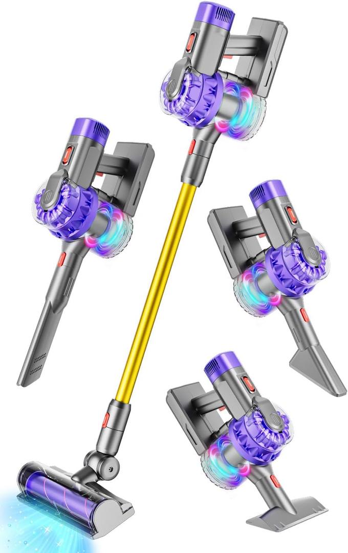 4-in-1 Kids Toy Vacuum That Works with Suction, Electric Toddler Vacuum Toy Cleaner for Children Ages 3 4 5 6+ Boys & Girls, Toddlers Toys Cleaning Set for Pretend Play (Purple/Yellow)