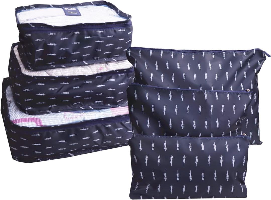 6 PCS Travel Suitcase Organizer Bags, Travel Organizer Packing Cubes Set Laundry Bags, Travel Clothes Storage Bag, Packing Organizer Compression Pouches for Traveller(Navy Blue Feather)
