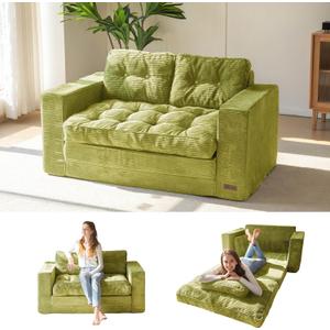 MAXYOYO Convertible Sofa Bed, Pull Out Loveseat Sleeper Sofa, 2 in 1 Folding Couch Bed, Fold Out Floor Couch with Pillows for Living Room Bedroom Lounge, Green (Large)